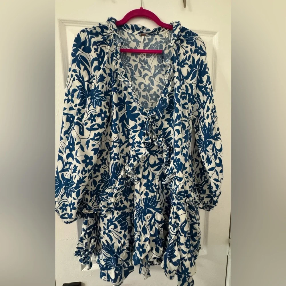 Free People Blue and White Long Sleeve Floral Dress
